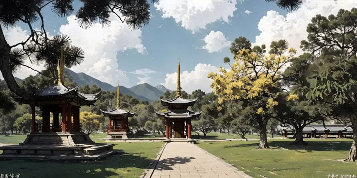 DMD,scene,no humans,scenery,east asian architecture,outdoors,architecture,tree,sky,day,cloud,watermark,shrine,yellow tone,