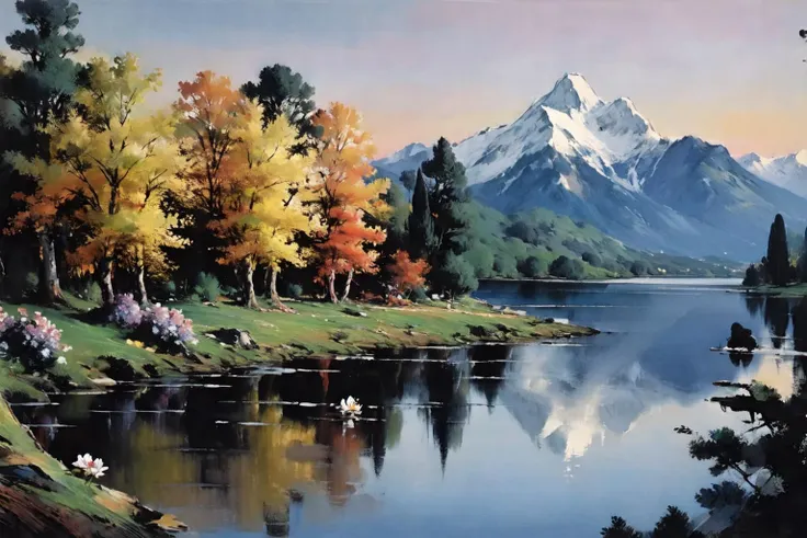 painting of a mountain lake with a mountain in the background