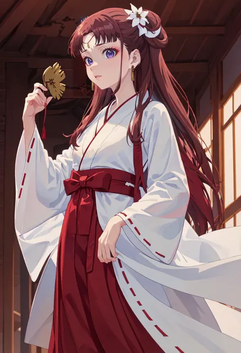 best quality, masterpiece, highres, solo, (lishu_theapothecarydiaries:1.10), (white kimono:1.35), (red hakama:1.35), (wide sleeves:1.20), anime_style, 18 <lora:lishu_theapothecarydiaries:0.80>