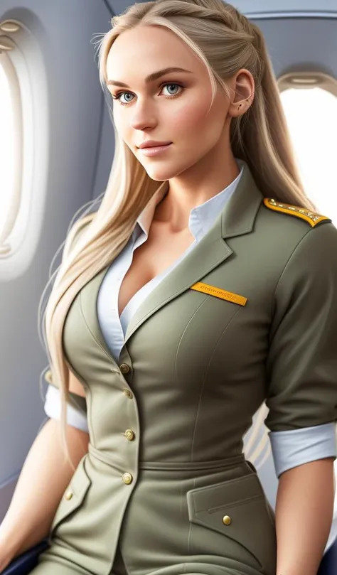 photo of (annystr:0.9), wearing (flight attendant uniform), in the plane, detailed face, detailed body, Intricate, High Detail, Sharp focus