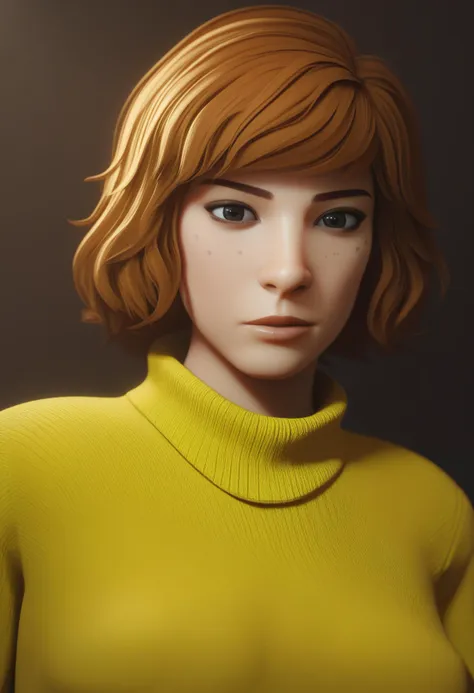 a close up of a woman with a yellow sweater and a brown background