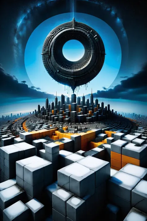 a large circular object floating over a city with a lot of cubes