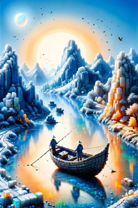 painting of a man in a boat on a river with a mountain in the background