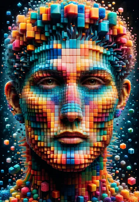 a digital painting of a man with many colored cubes on his face