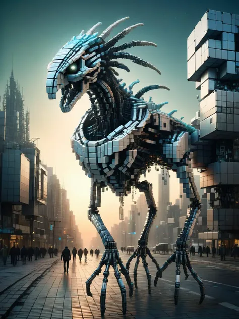 A biomechanical creature with a skeletal structure of ral-3dcubes, its iridescent skin pulsating with artificial life, roaming through a dystopian cityscape <lora:ral-3dcubes:1> <lora:EnvyBetterHiresFixXL01:0:hr=1>