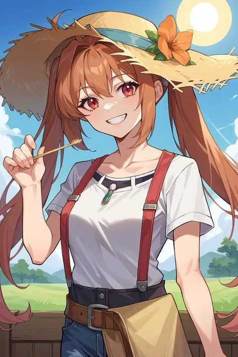 score_9, score_8_up, source_7_up, source_anime, BREAK 1girl <lora:estelle-pdxl-nvwls-v1:1> scEstelle, twintails, suspenders, white shirt, jeans, smile, straw hat, farm, blue sky, sun, smile, grin