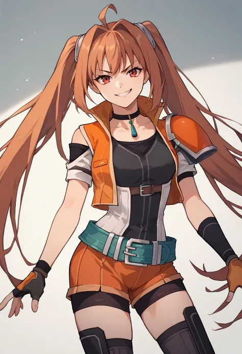 score_9, score_8_up, score_7_up, source_anime BREAK 1girl, solo, <lora:estelle-pdxl-nvwls-v1:1> senEstelle, twintails, single shoulder pad, choker, orange jacket, black shirt, miniskirt, green belt, black gloves, spandex shorts, black thighhighs, looking a...