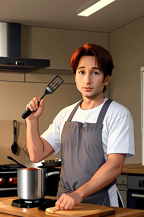 there is a man in a kitchen with a spatula and a pot