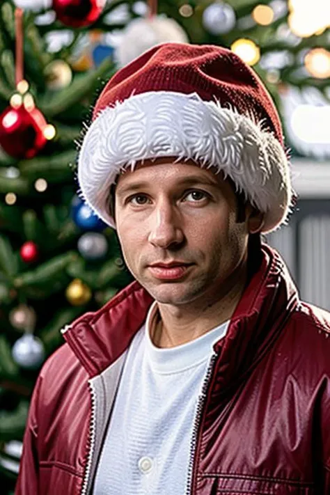 araffe man in a santa hat standing in front of a christmas tree