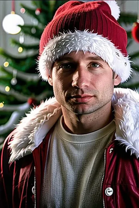 arafed man in a santa hat and jacket standing in front of a christmas tree