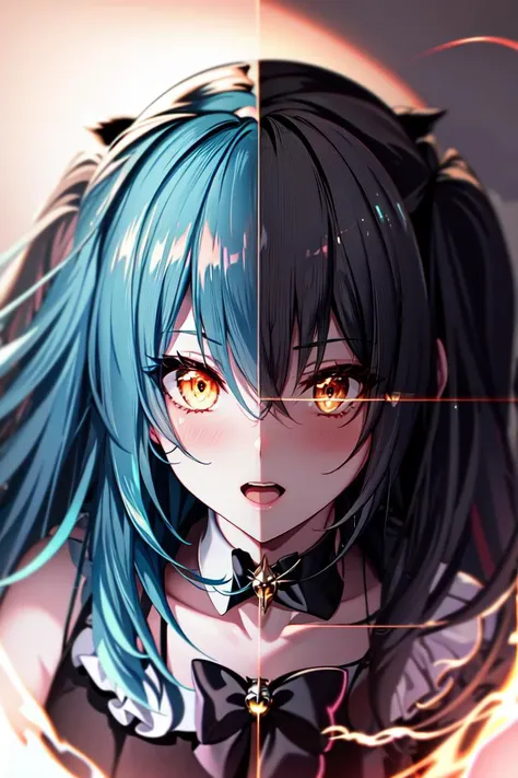 anime girl with blue hair and black dress with yellow eyes