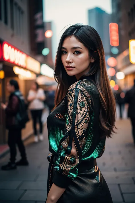 (extremely intricate:1.3), (realistic), photo of a girl in a bustling metropolis, weaving through crowded streets and dark alleyways, close up, Detailed clothes, green eyes, flowing hair, determined expression, shiny glossy skin, subsurface scattering, (sh...