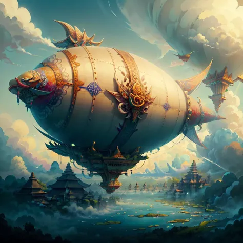 <lora:BaliPunkAI:.9> BaliPunkAI dirigible in skies, clouds