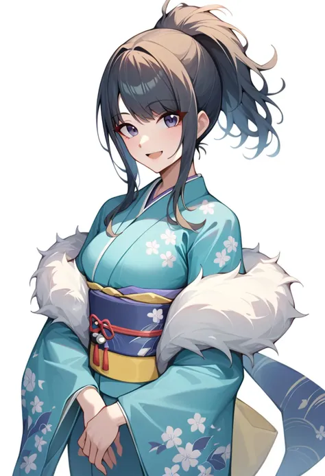 a woman in a blue kimono with a white fur coat