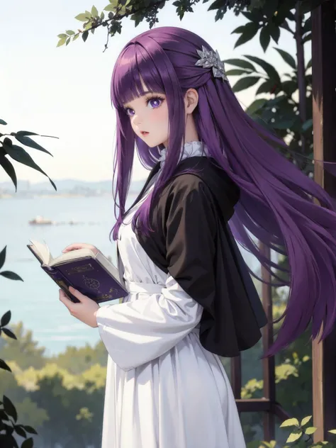 1girl, reading magic book, fernfrieren, purple eyes, purple pupils, white dress, robe, hair ornament, (Very long hair:1.3), hair above cheeks, 2d flat anime style, <lora:yuta_hair:0.5>, yuta_hair, <lora:Fern:1>