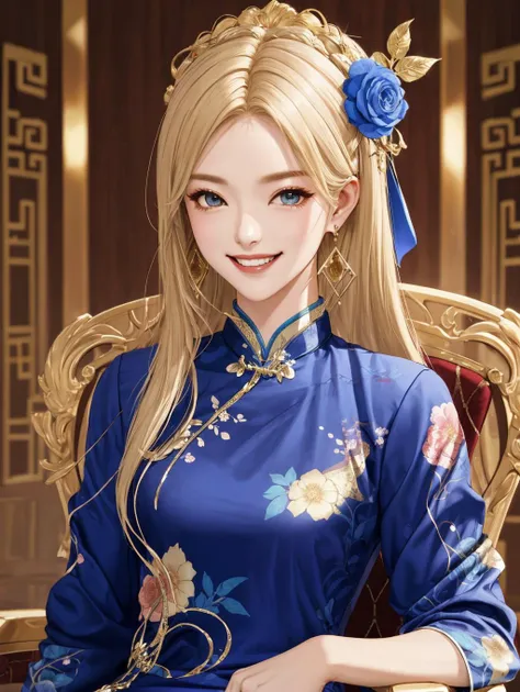 sitting on throne, throne room, centered, lusanna, medium hair, solo, blond, qipao, eyes, earrings, hairpin, woman, wearing a blue dress with floral print, gold, long blonde hair, upper body, <lora:lostark_lusanna:0.6>, IncrsAnyasHehFaceMeme, grin, smug, <...