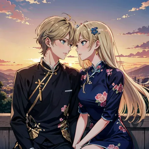 anime couple sitting on a bench at sunset with a city in the background