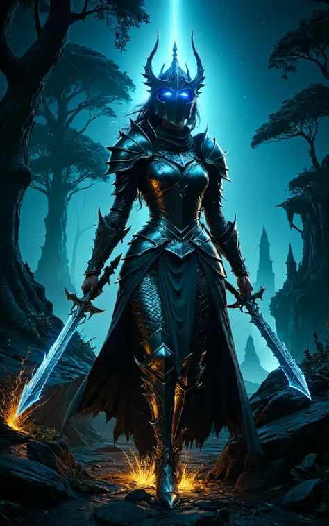 a woman in armor holding two swords in a dark forest