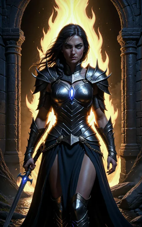 a woman in armor holding a sword standing in front of a fire