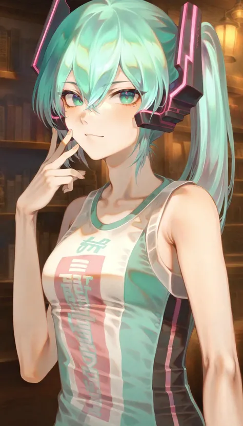 1girl, hatsune miku, looking at viewer, upper body, sleeveless shirt, 
best quality, masterpiece, (by mashuu (neko no oyashiro):0.8),