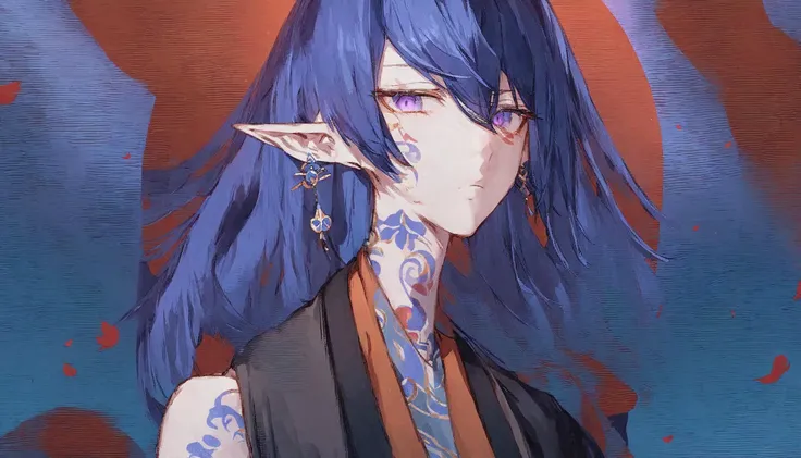 1boy, solo, long hair, blue hair, purple eyes, looking away, upper body, facing viewer, facial tattoo, expressionless, haori, pointy ears, masterpiece, best quality