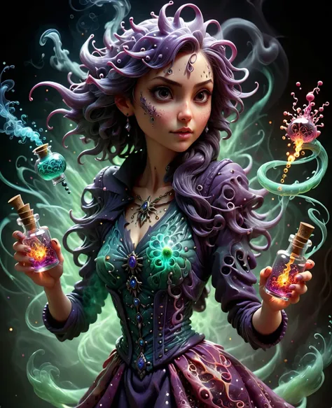 donmv1r4lxl female spellslinger   myriad of tiny swirling vials filled with liquids of every imaginable color, glowing softly, e...