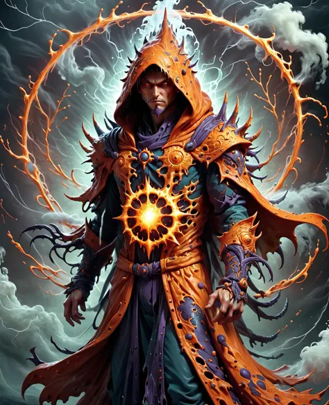 donmv1r4lxl male battlemage  mastering spell shaped like shroud of dark orange magical circle steam and weather control (manipul...