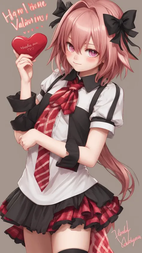 anime girl with pink hair holding a red heart in her hand