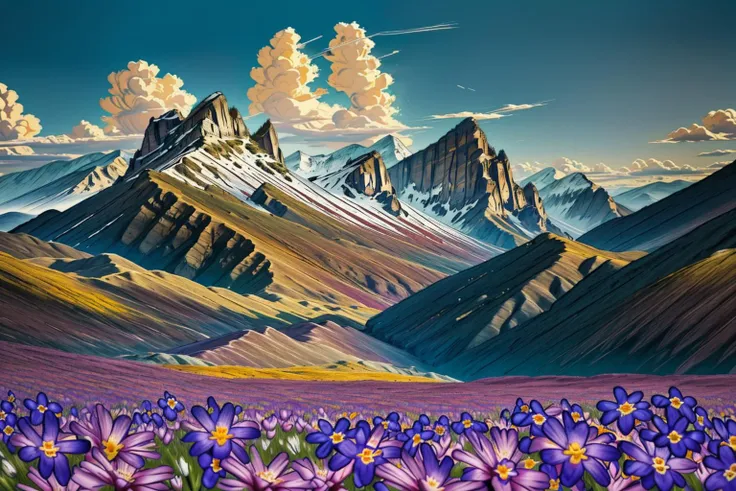 <lora:DuskArt_V7:1> Duskfallcrew art style, a mountain landscape, springtime, wildflowers