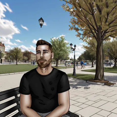 <lora:DuskArt_V7:1> Duskfallcrew art style, a man sitting on a park bench on a sunny day