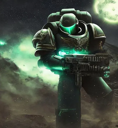 spacemarine <hypernet:spacemarine:1>, green armor, dark atmosphere, battlefield, art