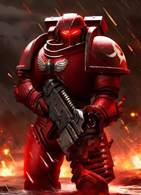 space marine proportions, spacemarine wearing black and red armor holding bolter, glowing red eyes, atmospheric scene, rain, sto...