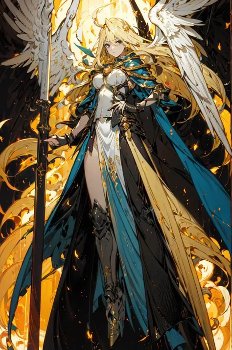 <lora:angel_20231206093915:0.9> Angel, <lora:RtPL-Malice:1> malice_(riviera), black_wings, blonde_hair, long_hair, blue_cape, white_dress, angel_wings, gloves,, ultra detailed, masterpiece, best quality, aesthetic, detailed,