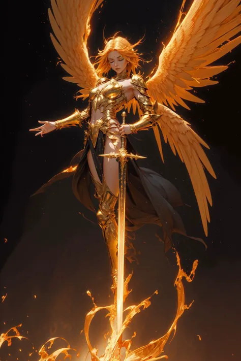 a woman with a sword and wings on a dark background