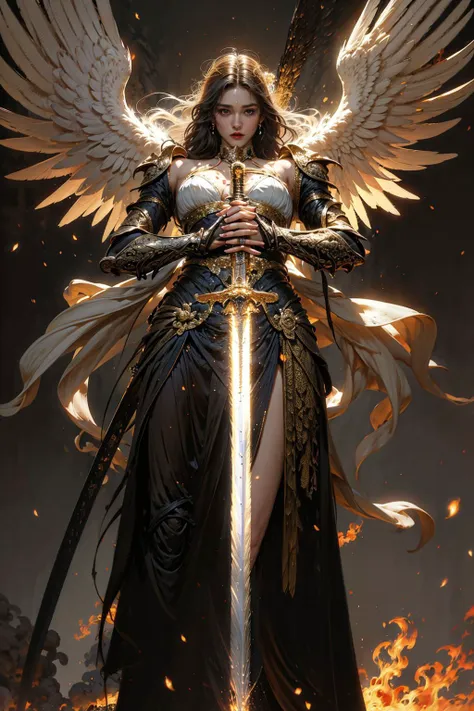 a woman with wings holding a sword in her hands