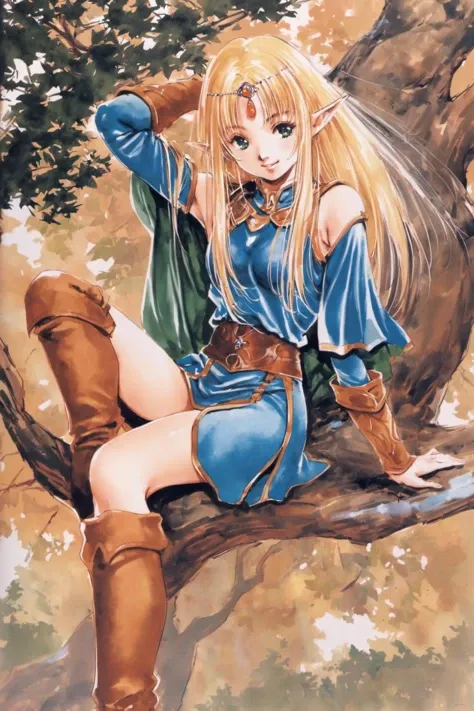 1girl, pointy ears, solo, long hair, elf, armor, tree, sitting, blonde hair, cape, boots, green eyes, circlet, in tree, 1990s (style), armpits, arm up, smile,  traditional media, <lora:Haruhiko Mikimoto_XL:0.8>