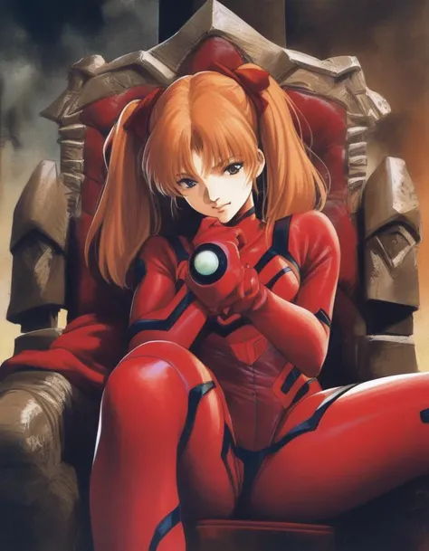 realistic. 1girl, souryuu asuka langley, neon genesis evangelion, ribbon, orange hair, pig tails, red plugsuit, sitting, crossed legs, throne, looking down, from bottom, looking at viewer, outdoors, masterpiece, best quality, very aesthetic, absurdres 
<lo...