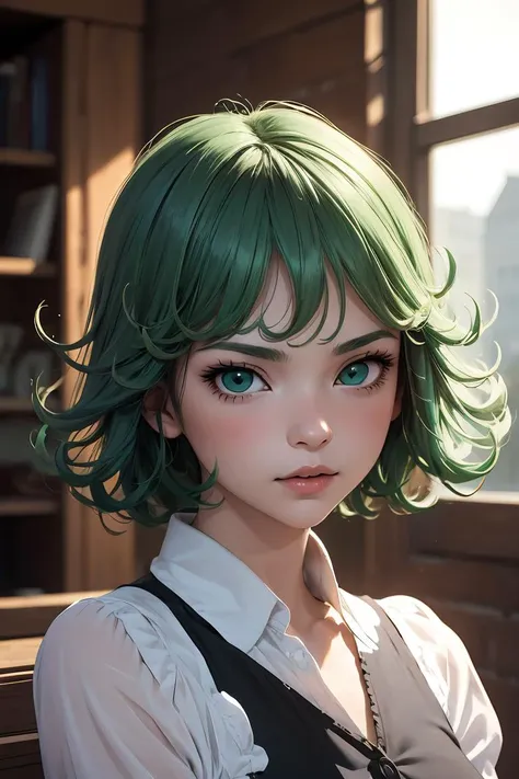 anime girl with green hair and green eyes in a library