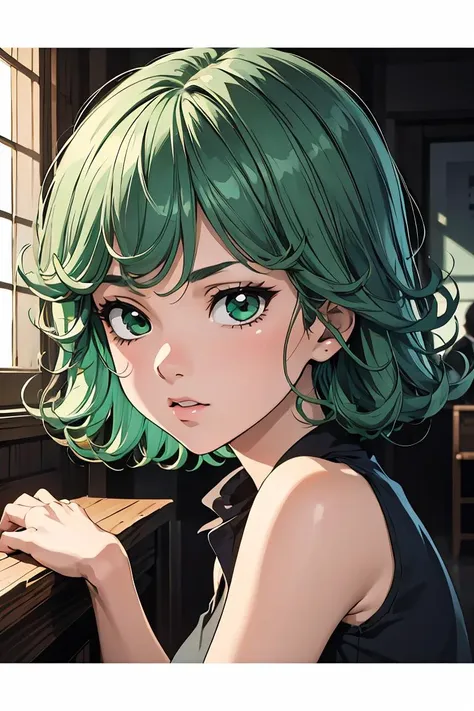 anime girl with green hair and green eyes looking out a window