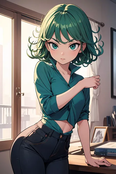 anime girl with green hair and blue eyes standing in front of a desk