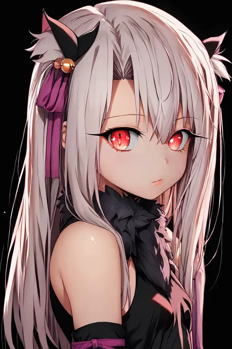 <lora:KuroCAT_Style:1>,  high resolution, highly detailed, perfect lighting, beautiful detailed eyes,   upper body, black background, 1girl, solo, looking at viewer,   zzillaaa, official alternate costume, long hair, white hair, illyasviel von einzbern, Fa...