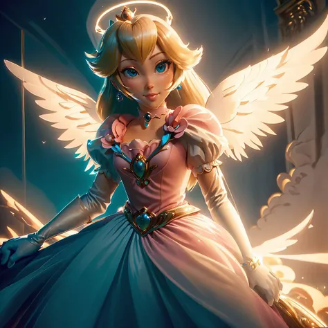 <lora:AngelicAI:0.9> AngelicAI,highres,masterpiece,perfect ligthing,bloom,cinematic lighting,adult,perfect skin,female,cowboy shot,smile,narrow waist,skinny,<lora:PrincessPeachMovie:0.6>,(PrincessPeach),(a pink transparent Princess Peach),choker,detailled ...