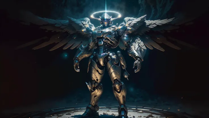 award wining professional photo of (full body cyborg android robort archangel:1.4), divine baroque armor,  (big majestic metallic wings:1.6), positioned slightly distant, allowing the vastness of the void to envelop it, completely dark scene, empty backgro...