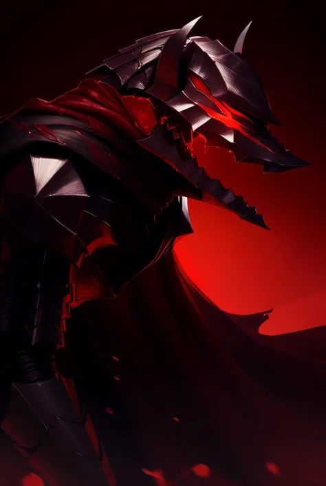 1boy, Guts_Berserker, helmet, red eyes, glowing, black armor, clawed gauntlets, claws, torn cape, blood on clothes, cinematic angle, red background, masterpiece, best quality,  <lora:GutsAnimdxlDwnsty:1>, from side,