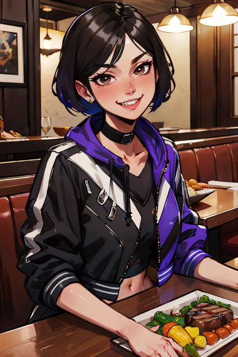 Reina, brown eyes, short black hair, two-tone hair,black and purple jacket,midriff, looking at viewer, smiling, teeth, upper body shot, sitting, behind a table, booth seating, inside restaurant, wood table full of food, grilled steak, vegetables, warm ambi...