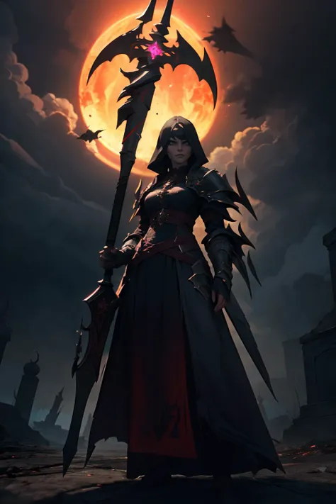 a woman in a dark dress holding a large sword in front of a full moon