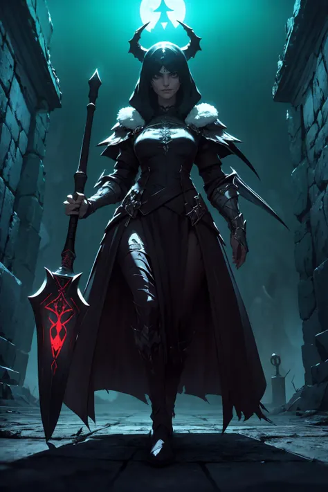 a woman in armor holding a sword and a glowing light