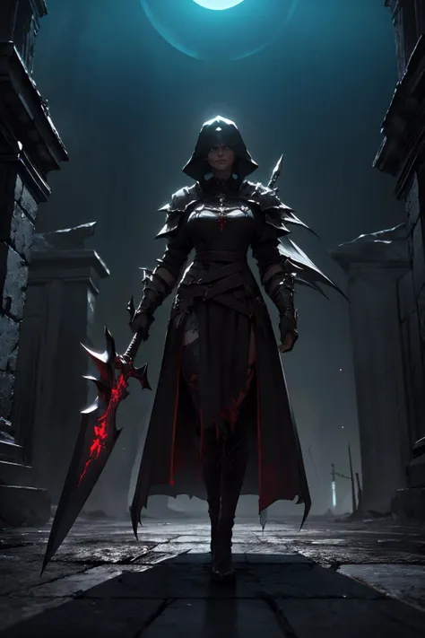 a woman in armor holding a sword in a dark alley