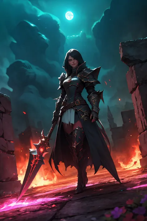 a woman in armor holding a sword in front of a dark sky