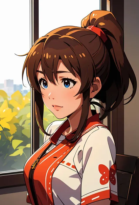 anime girl with ponytail hair and red shirt looking out window